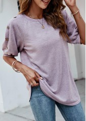 Decorative Button Half Sleeve Purple T Shirt