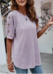 Decorative Button Half Sleeve Purple T Shirt