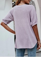 Decorative Button Half Sleeve Purple T Shirt