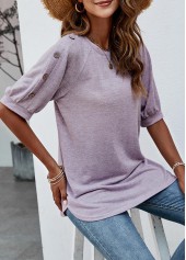 Decorative Button Half Sleeve Purple T Shirt