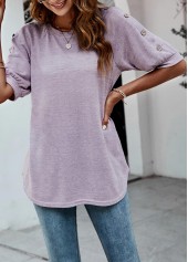 Decorative Button Half Sleeve Purple T Shirt