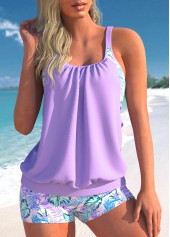 Light Purple Plus Size Floral Print Tankini Set