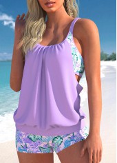 Light Purple Plus Size Floral Print Tankini Set