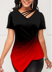 Asymmetric Hem Short Sleeve Red T Shirt
