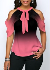 Cold Shoulder Pink Tie Front Halter Blouse