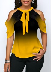 Cold Shoulder Yellow Tie Front Halter Blouse