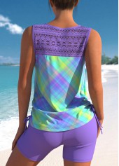 Ombre Lace Patchwork Light Purple Plaid Tankini Set