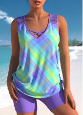 Ombre Lace Patchwork Light Purple Plaid Tankini Set
