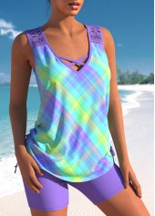 Ombre Lace Patchwork Light Purple Plaid Tankini Set