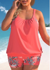 Leaf Print Coral Red Plus Size Blouson Tankini Set