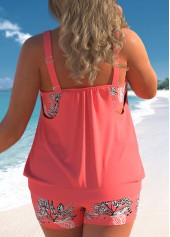 Leaf Print Coral Red Plus Size Blouson Tankini Set
