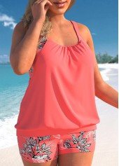 Leaf Print Coral Red Plus Size Blouson Tankini Set
