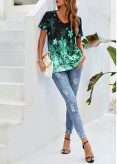 Short Sleeve Green Floral Print T Shirt