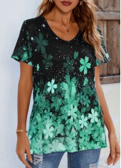 Short Sleeve Green Floral Print T Shirt