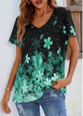 Short Sleeve Green Floral Print T Shirt