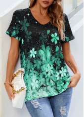 Short Sleeve Green Floral Print T Shirt
