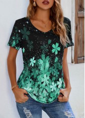 Short Sleeve Green Floral Print T Shirt