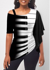 Black Flounce Piano Keyboard Print T Shirt