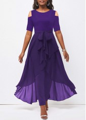 Cold Shoulder Round Neck Belted Purple Jumpsuit