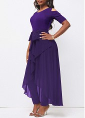 Cold Shoulder Round Neck Belted Purple Jumpsuit