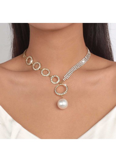 Rosewe Fashion Pearl Gold Rhinestone Circular Shape Necklace - One Size