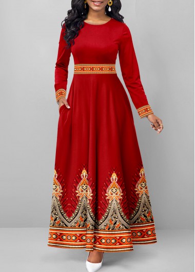 Tribal Print Pocket Deep Red Maxi Dress 36$