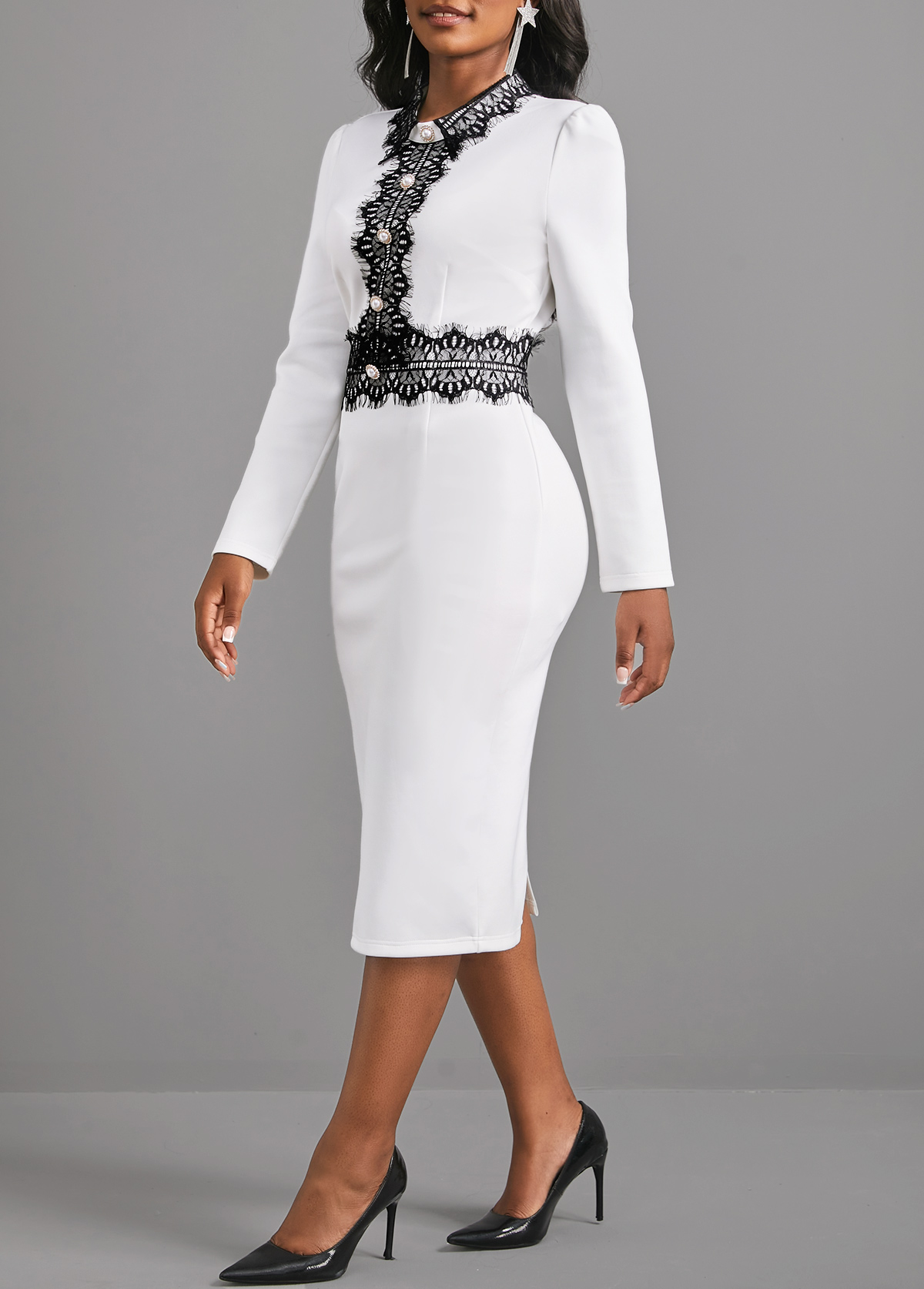 Lace Patchwork Long Sleeve White Dress