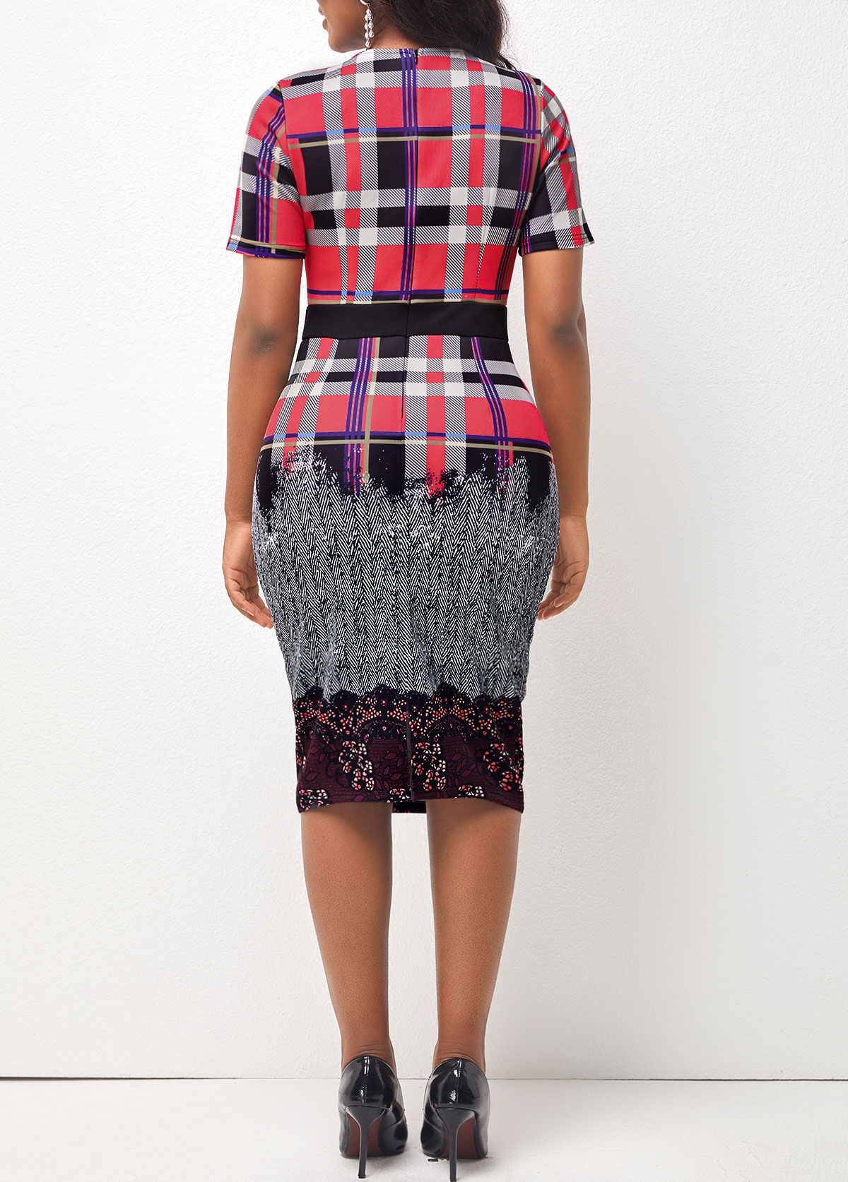 Multi Color Plaid Short Sleeve Round Neck Dress