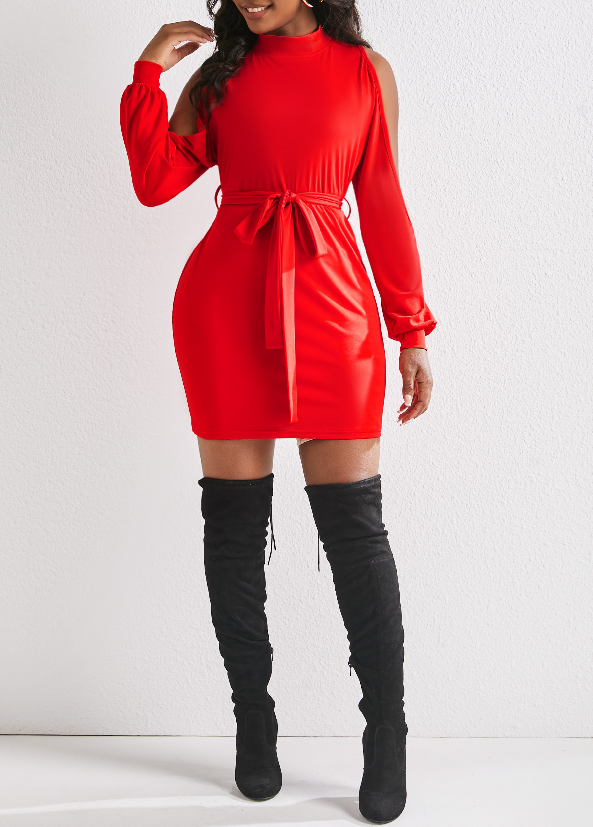 Red Cold Shoulder Belted Long Sleeve Dress