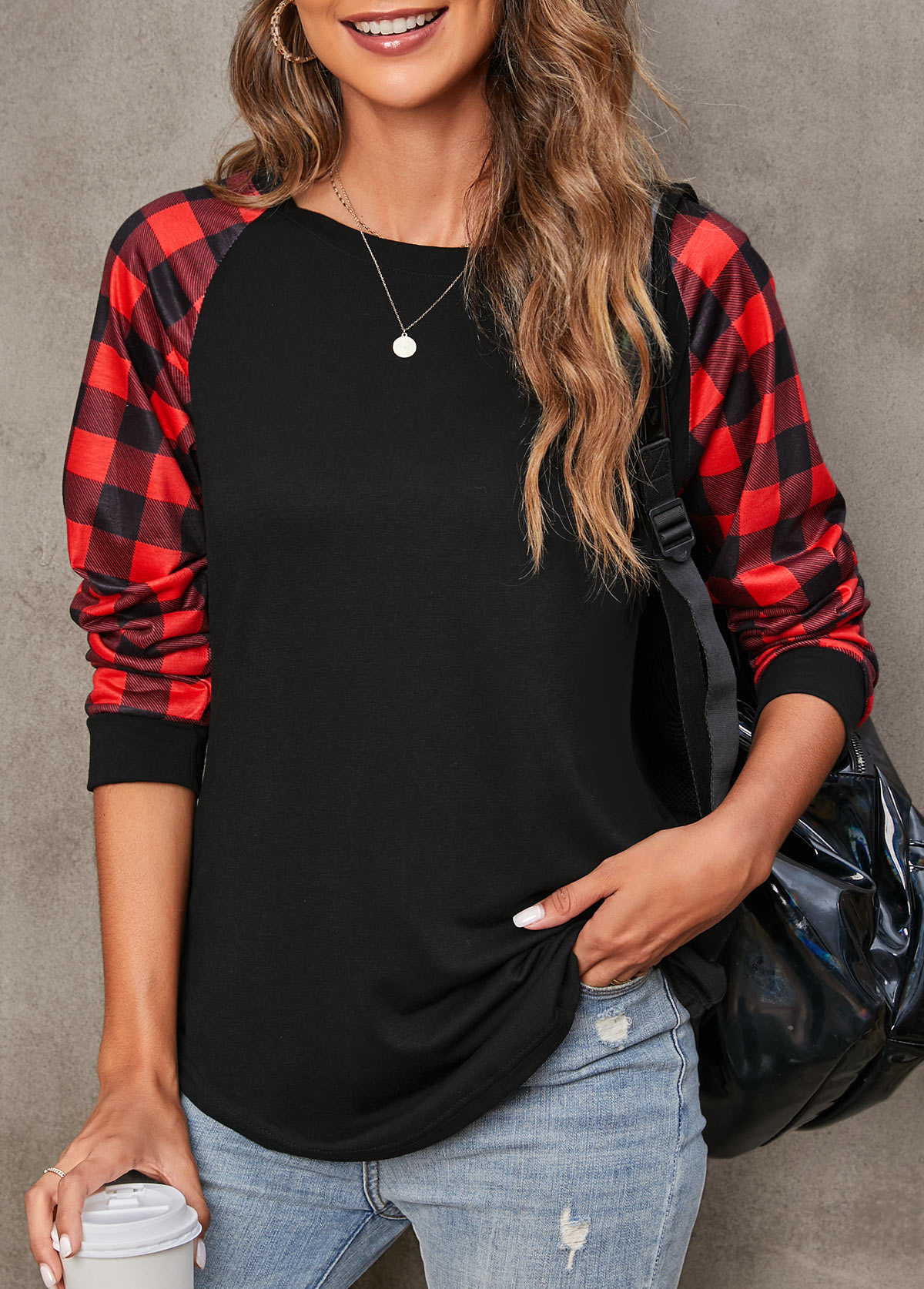 Tartan Print Black Round Neck T Shirt