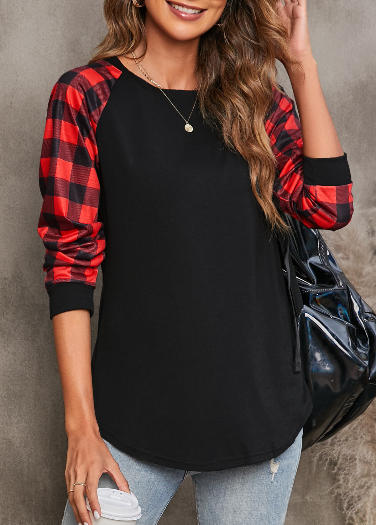 Tartan Print Black Round Neck T Shirt