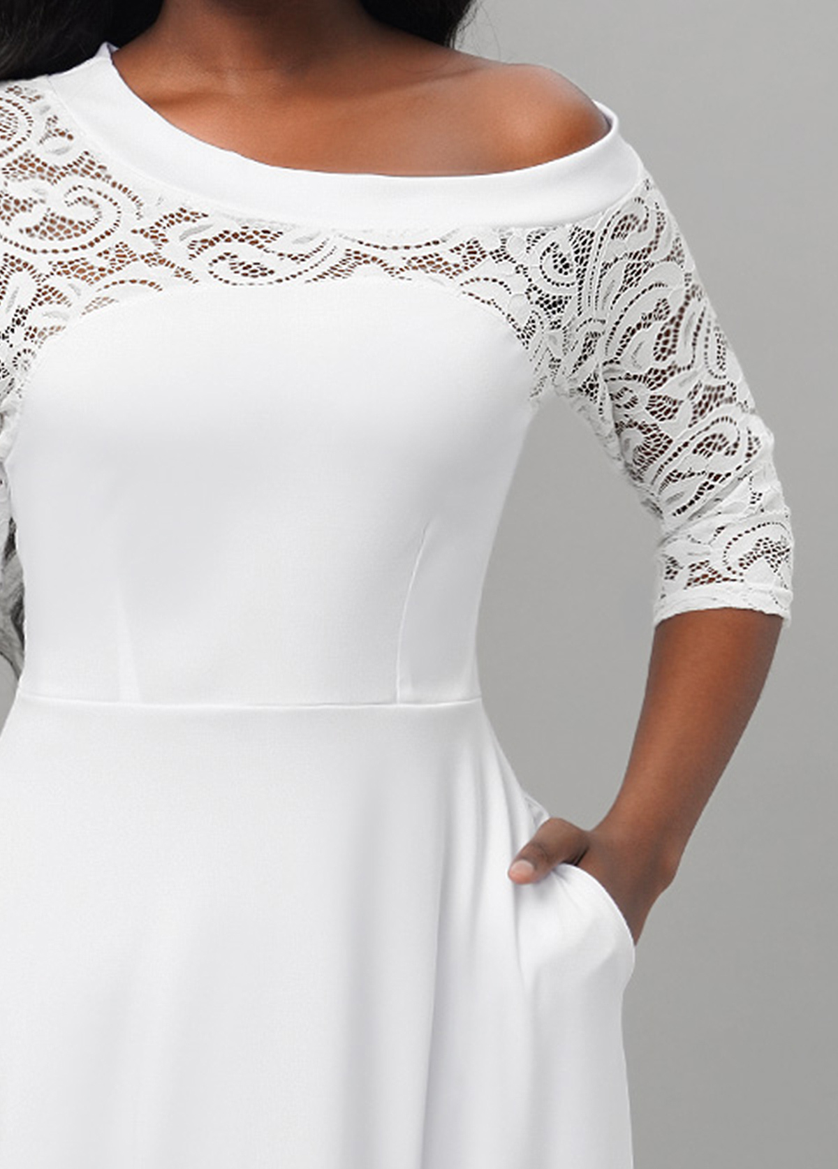 White Lace Stitching Asymmetric Hem Dress