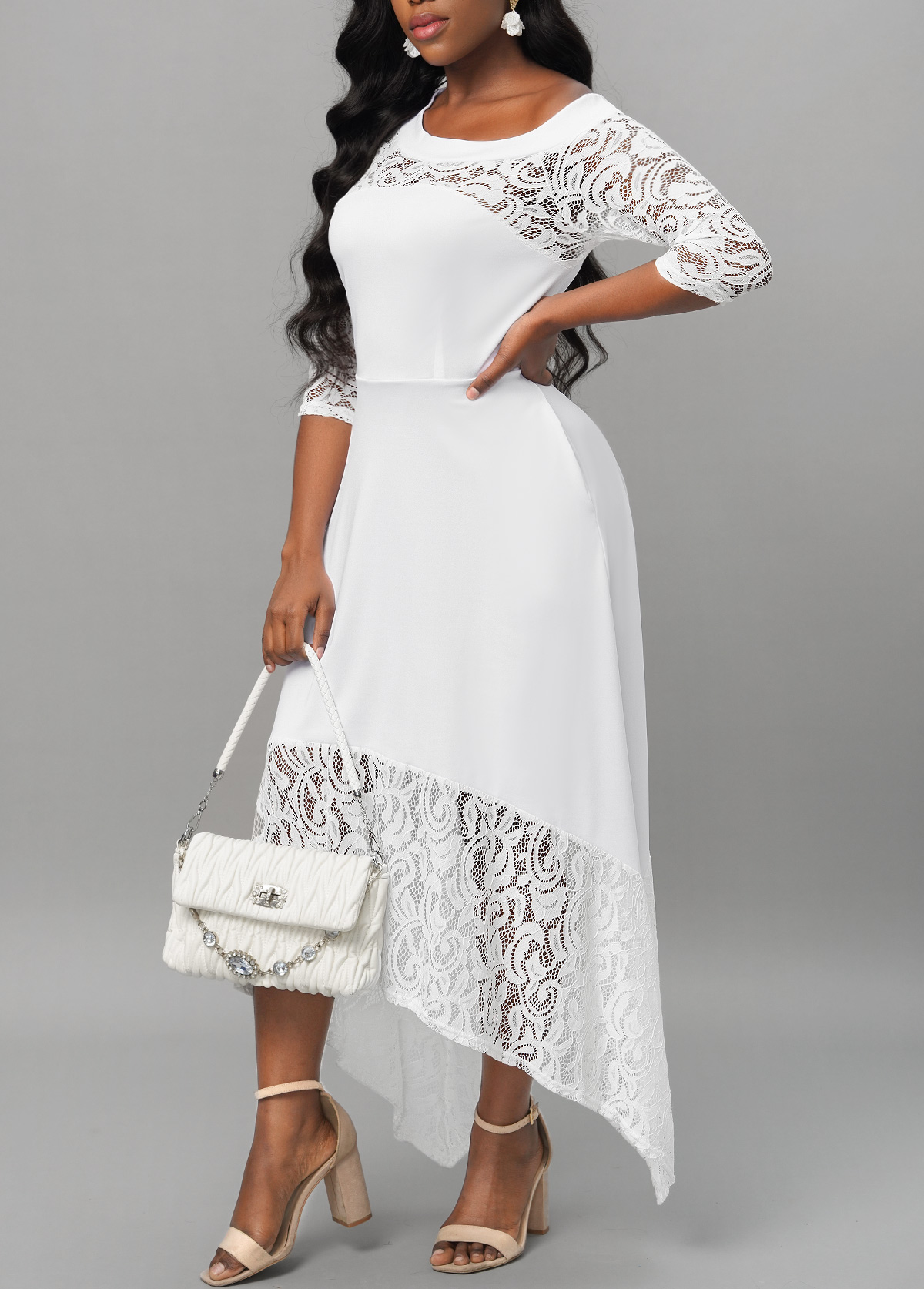 White Lace Stitching Asymmetric Hem Dress