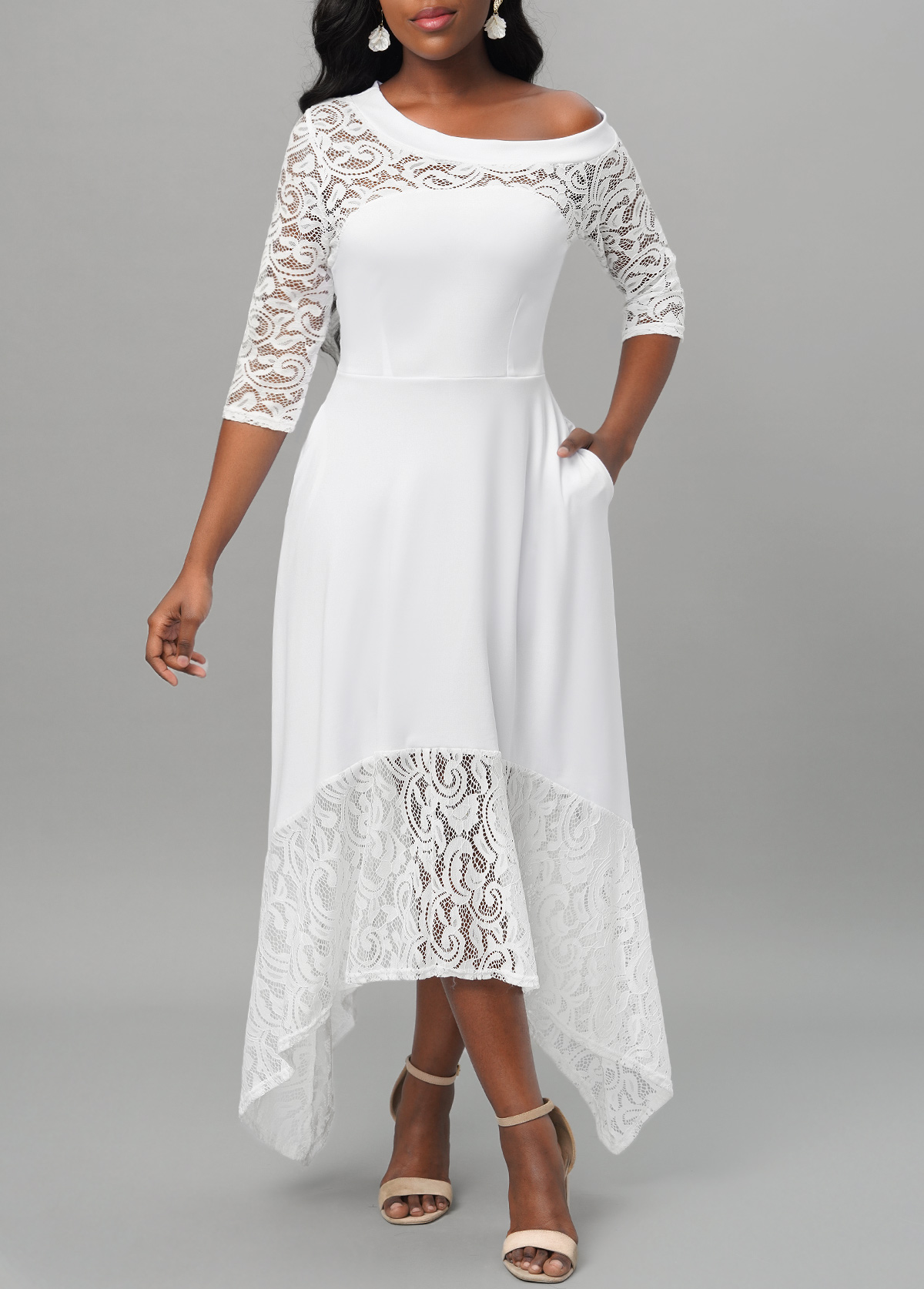 White Lace Stitching Asymmetric Hem Dress