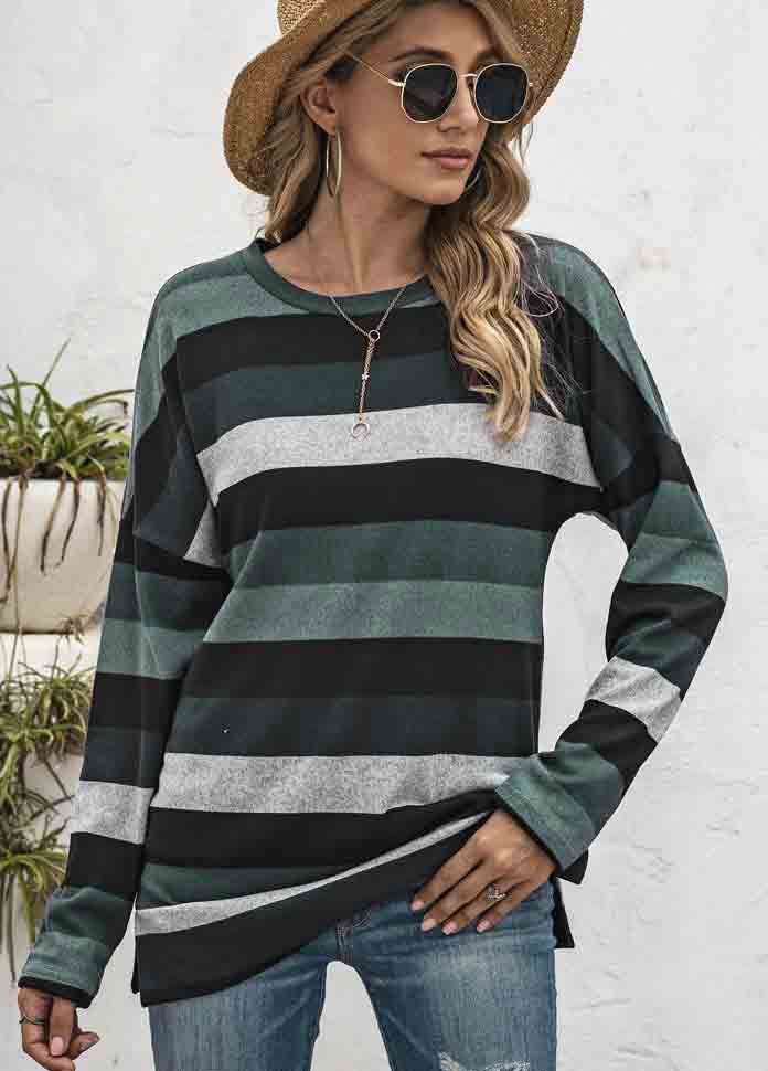 Striped Blackish Green Round Neck T Shirt | Rosewe.com - USD $26.98