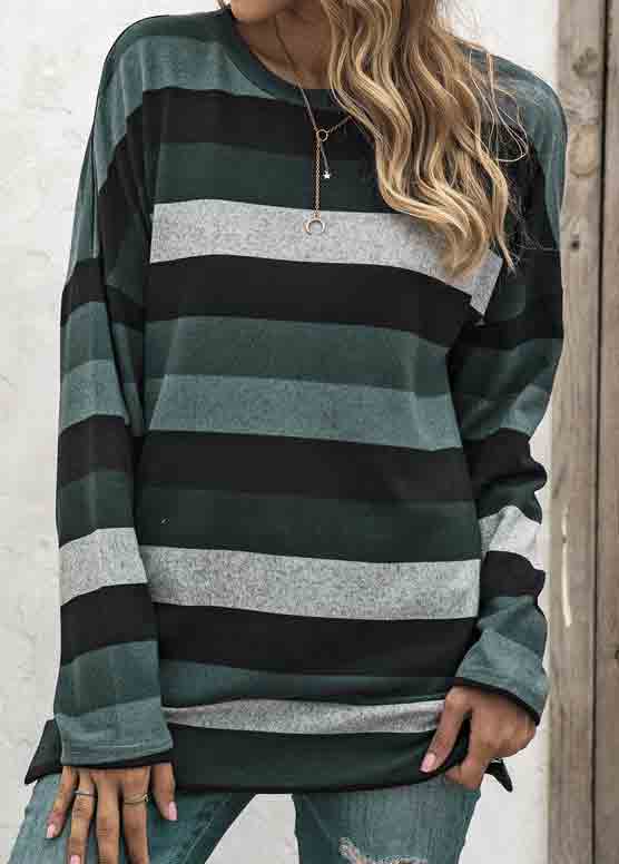 Striped Blackish Green Round Neck T Shirt | Rosewe.com - USD $26.98