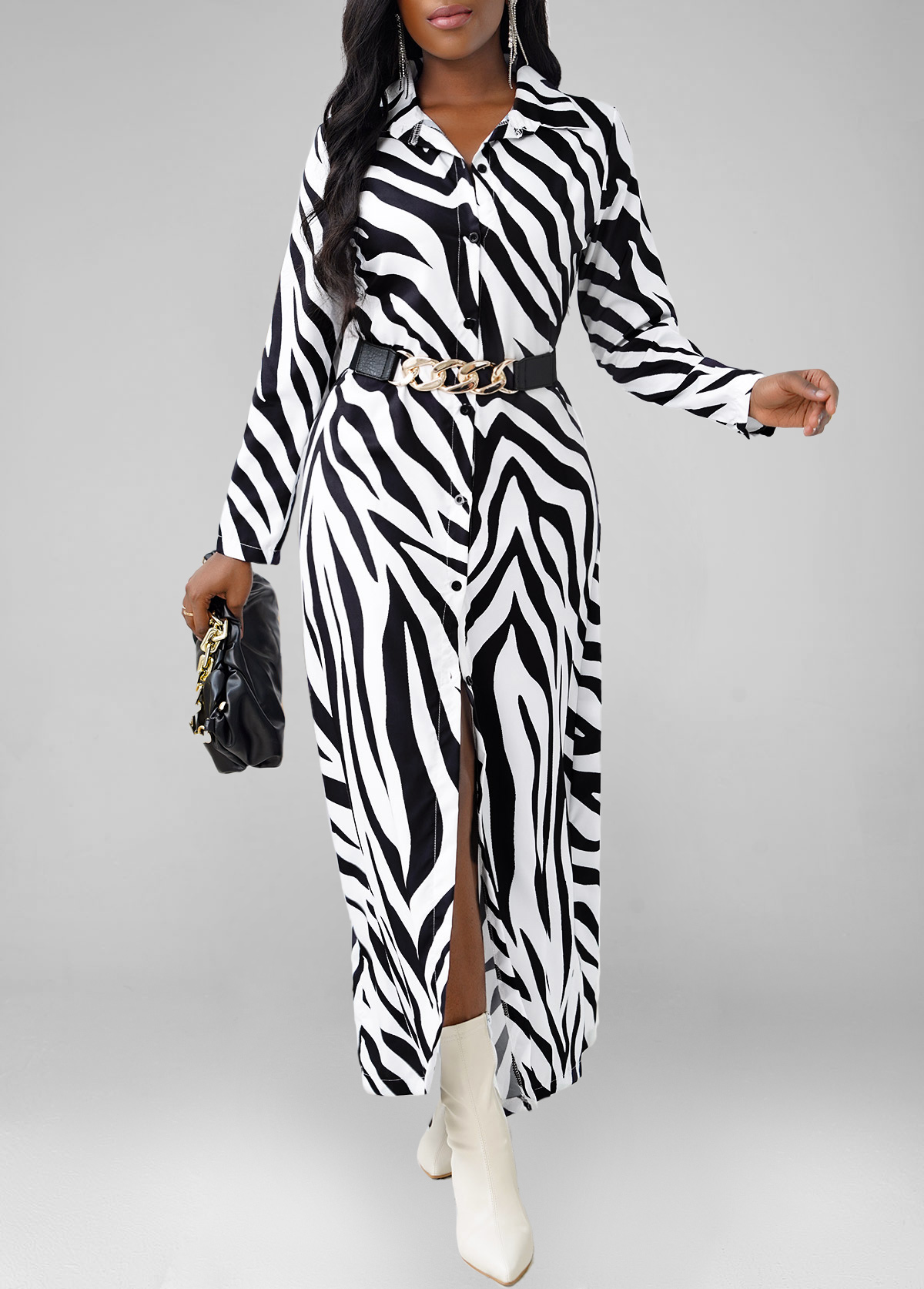 Black Turndown Collar Zebra Print Dress