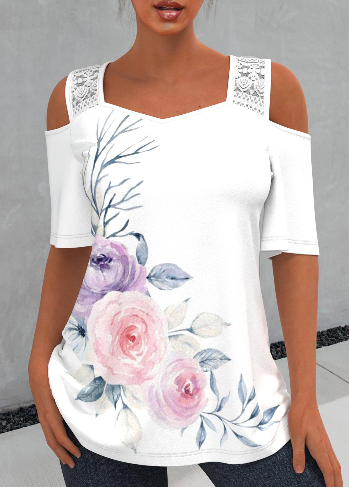 Floral Print Cold Shoulder Lace Stitching T Shirt