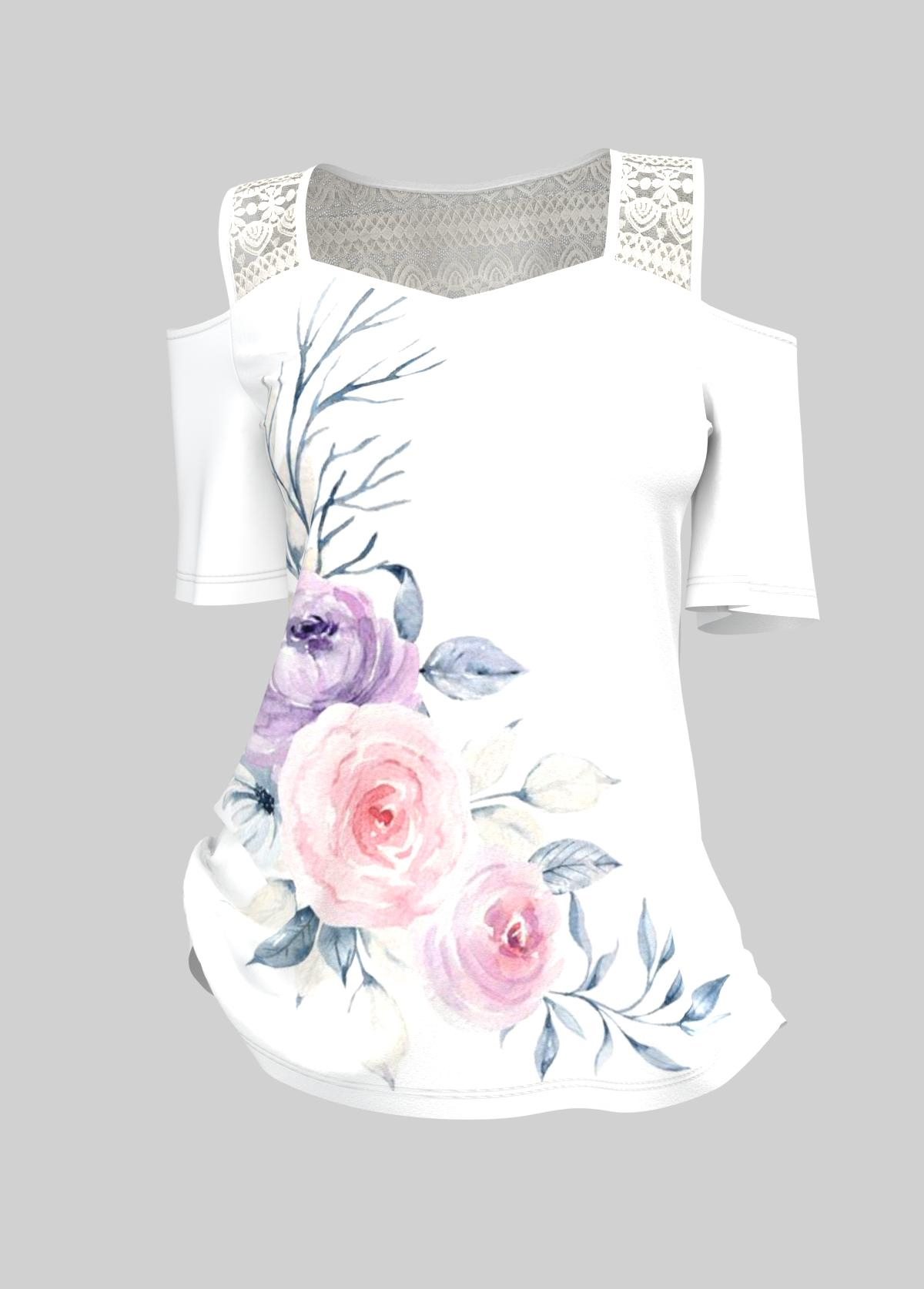 Floral Print Cold Shoulder Lace Stitching T Shirt