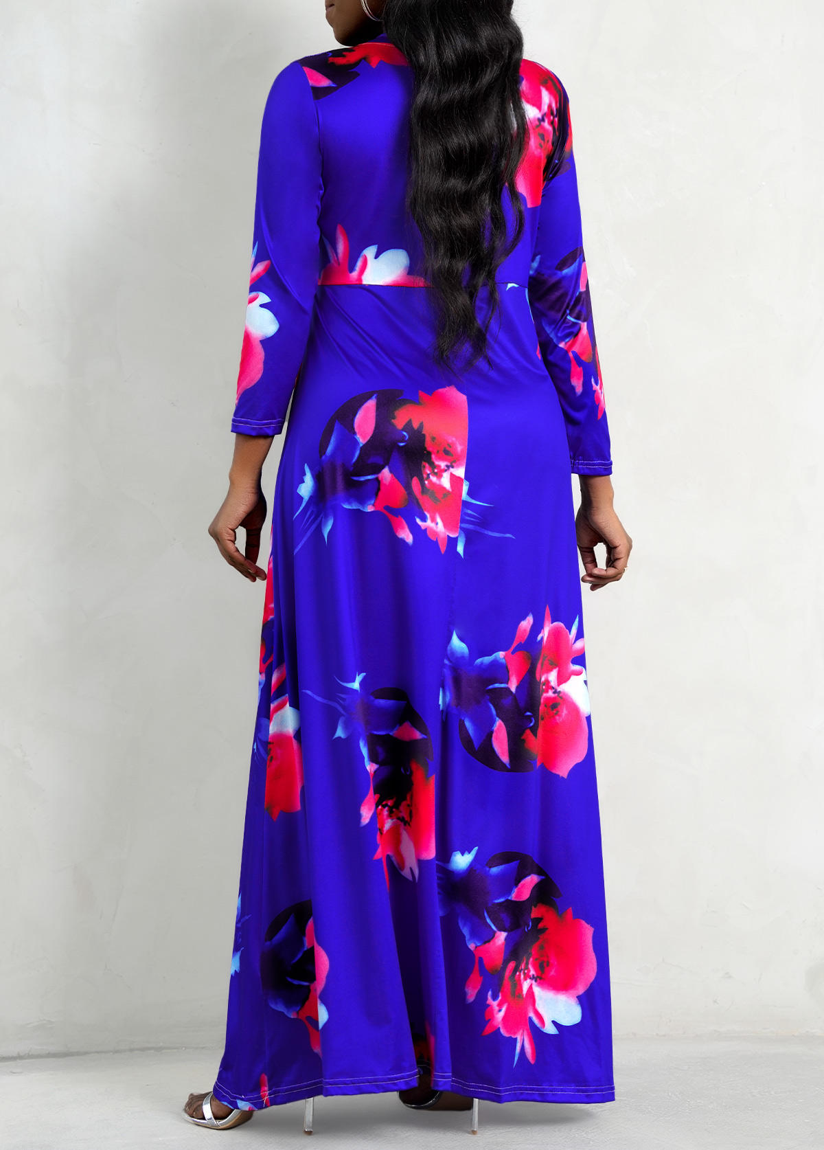 Purplish Blue 3/4 Sleeve Floral Print Dress