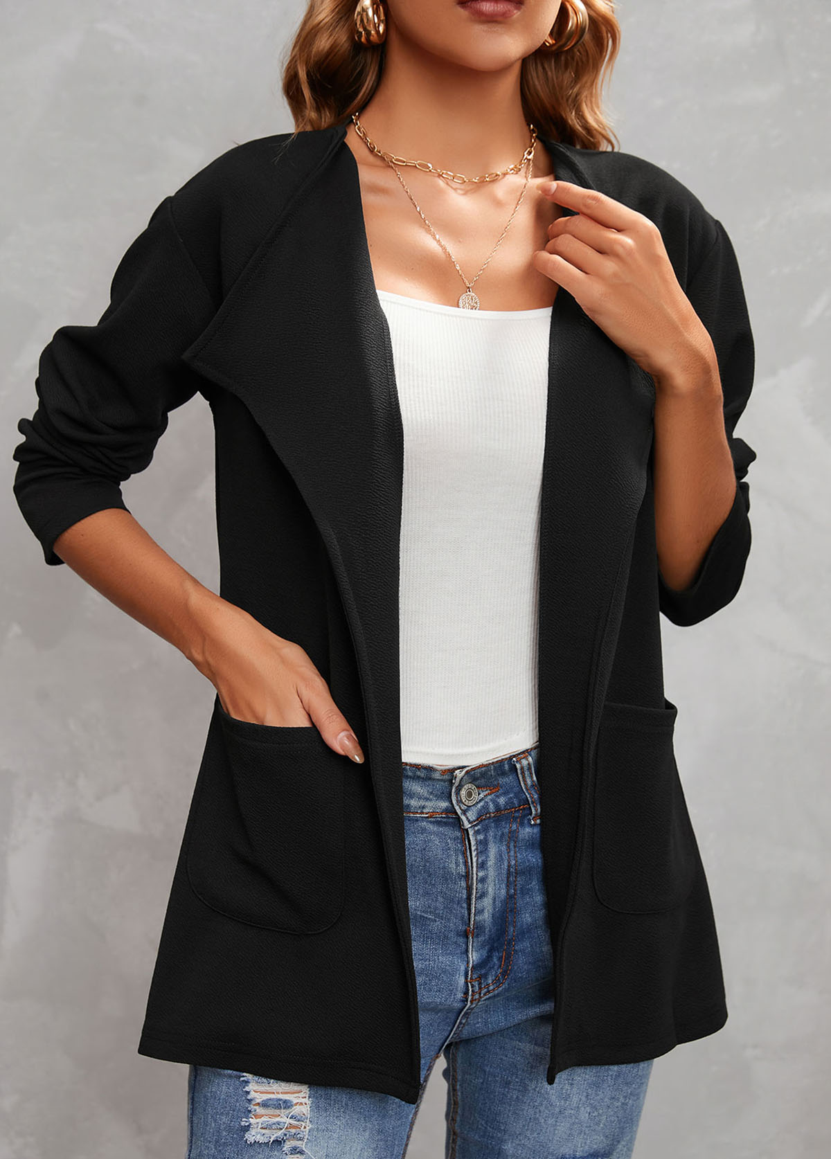 Long Sleeve Turndown Collar Black Pocket Coat