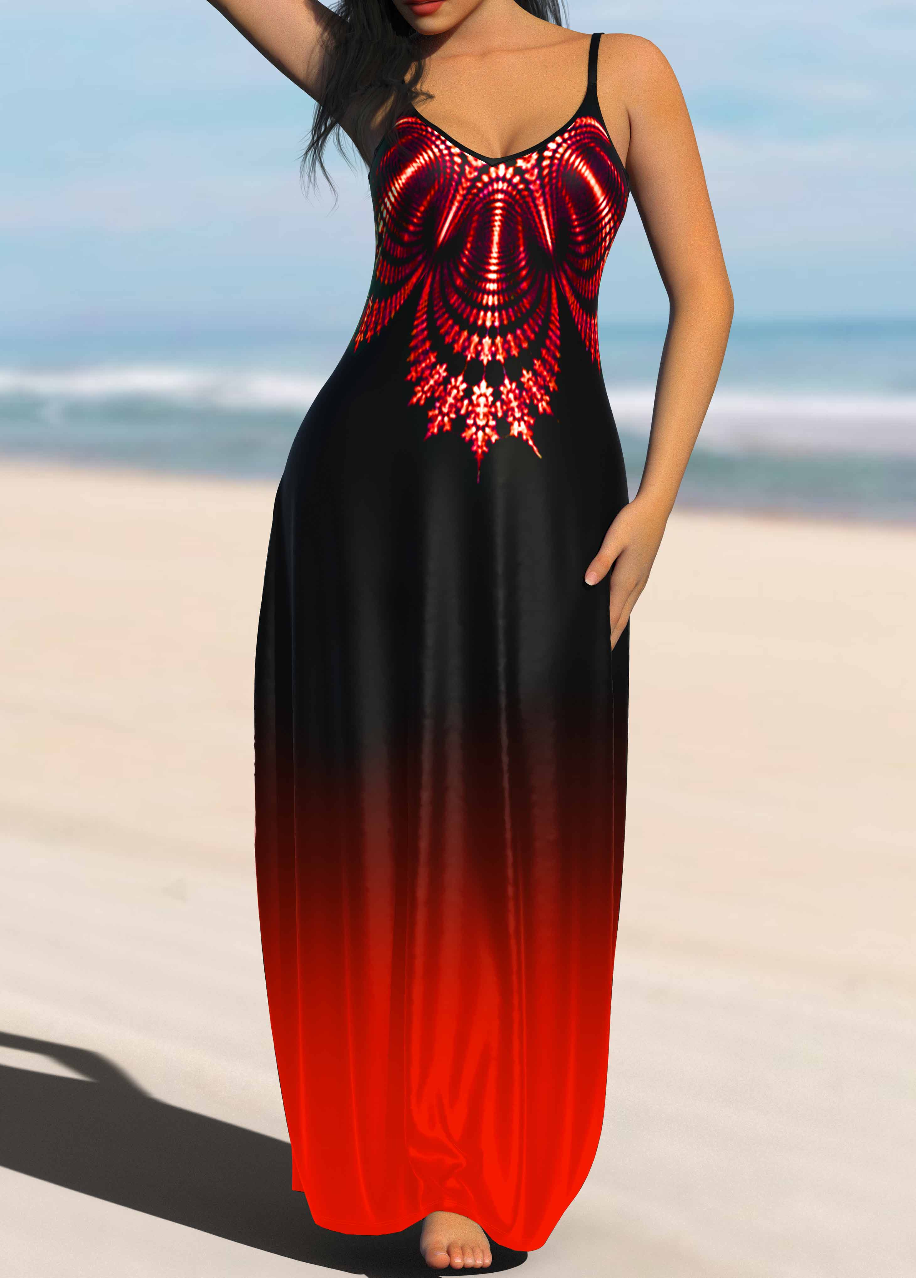 Tribal Print Ombre Red Strappy Maxi Dress