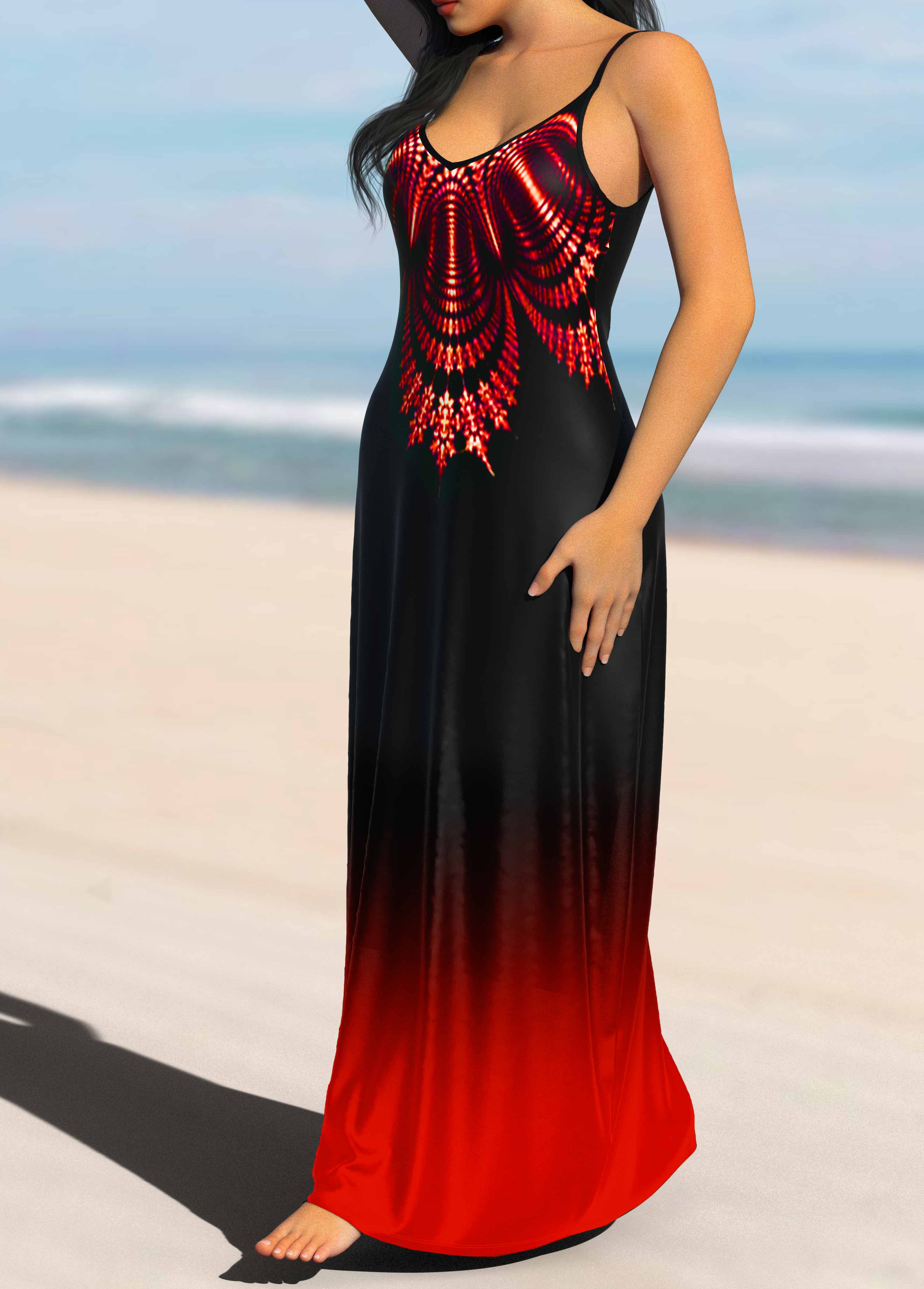 Tribal Print Ombre Red Strappy Maxi Dress