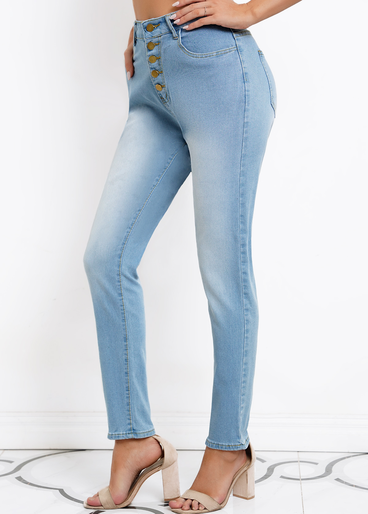 Denim Blue Skinny High Waisted Button Jeans