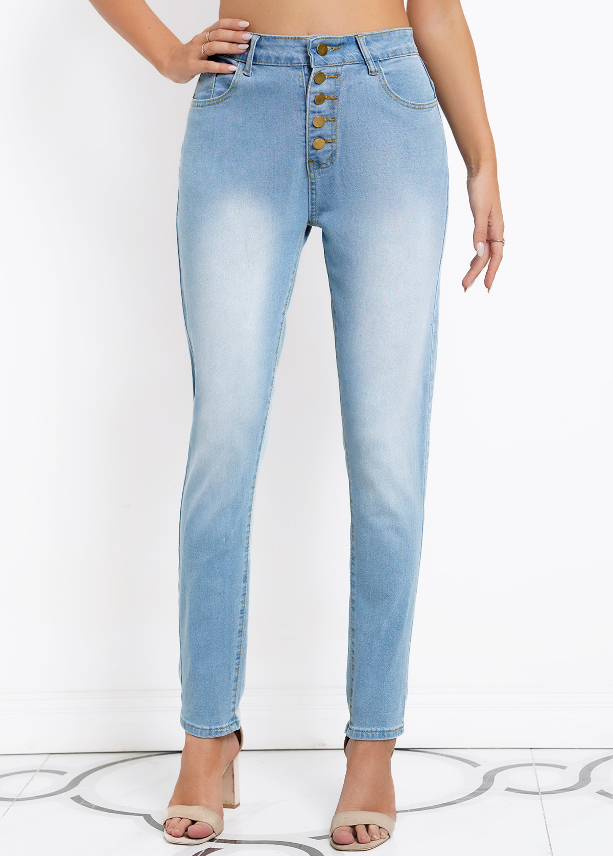 Denim Blue Skinny High Waisted Button Jeans