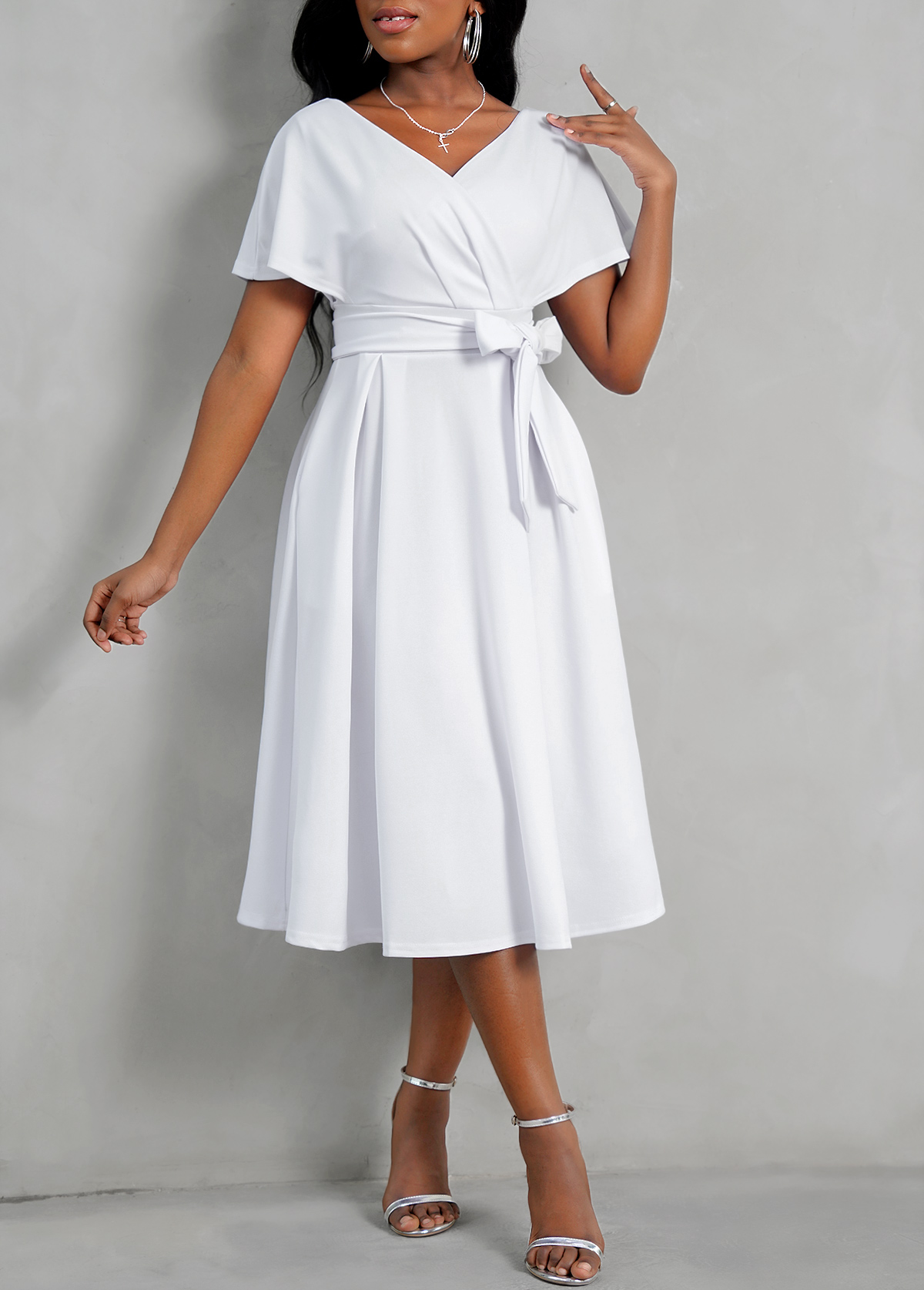 White Cross Front Belted Short Sleeve Dress
