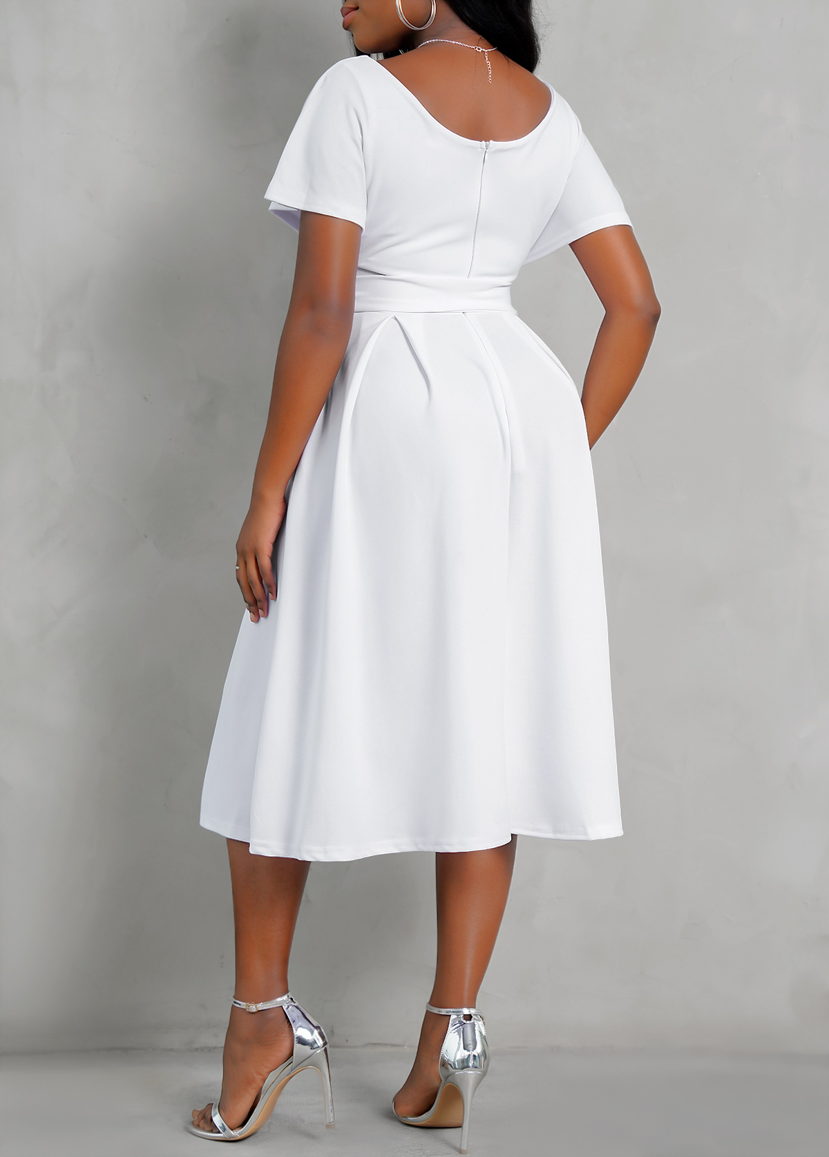 White Cross Front Belted Short Sleeve Dress