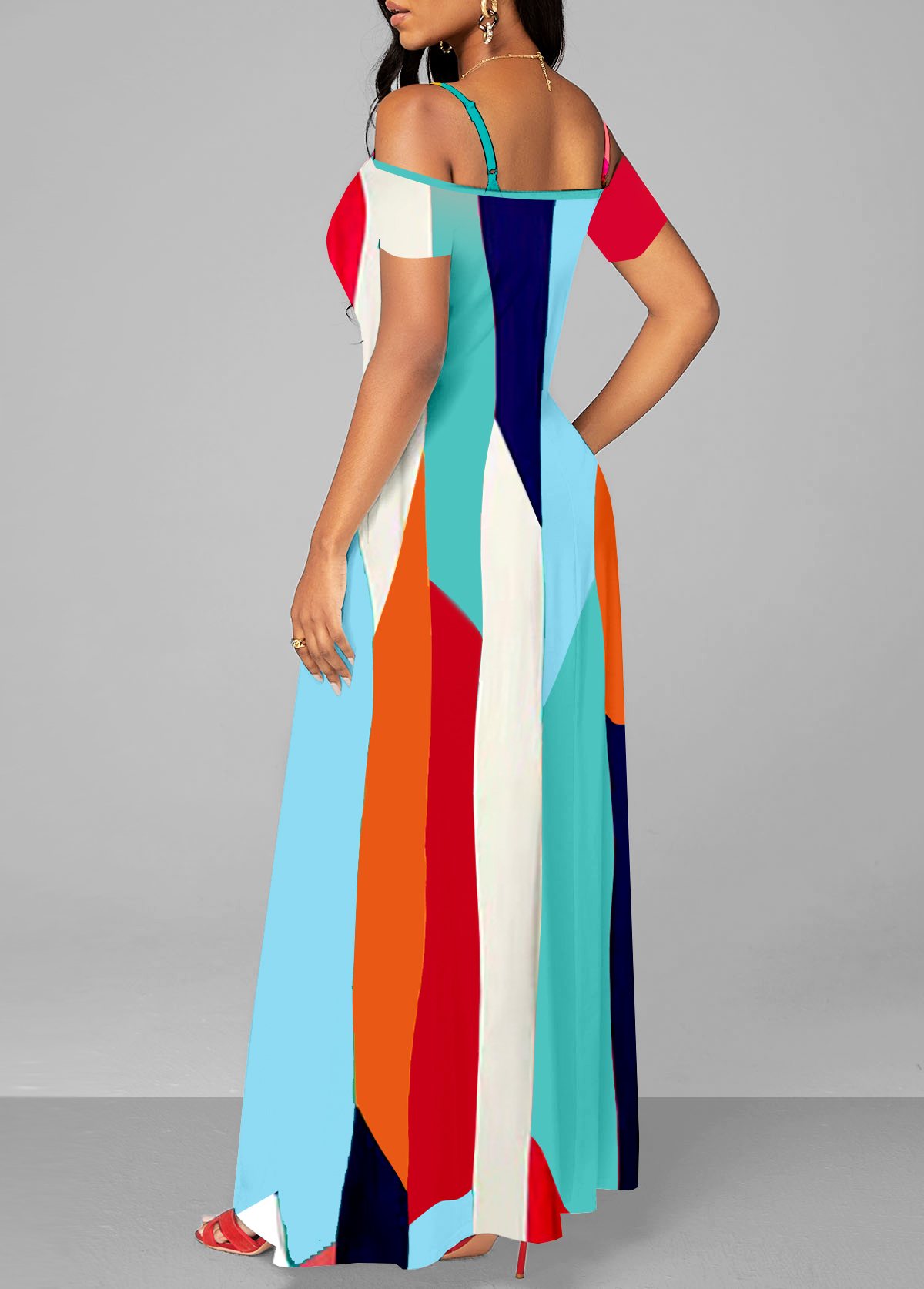 Multi Color Short Sleeve Double Straps Maxi Dress