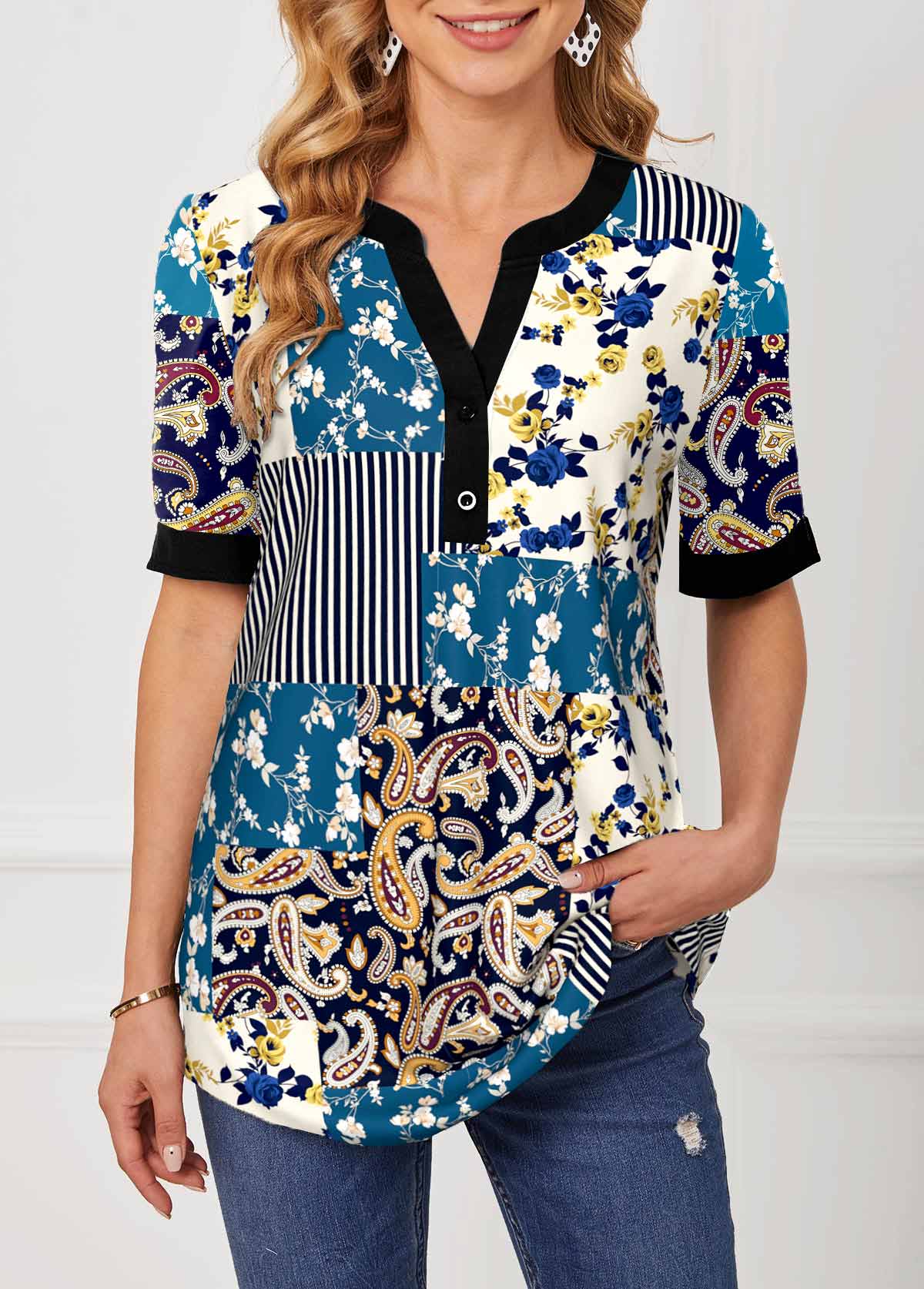 Paisley Print Split Neck Short Sleeve Blouse