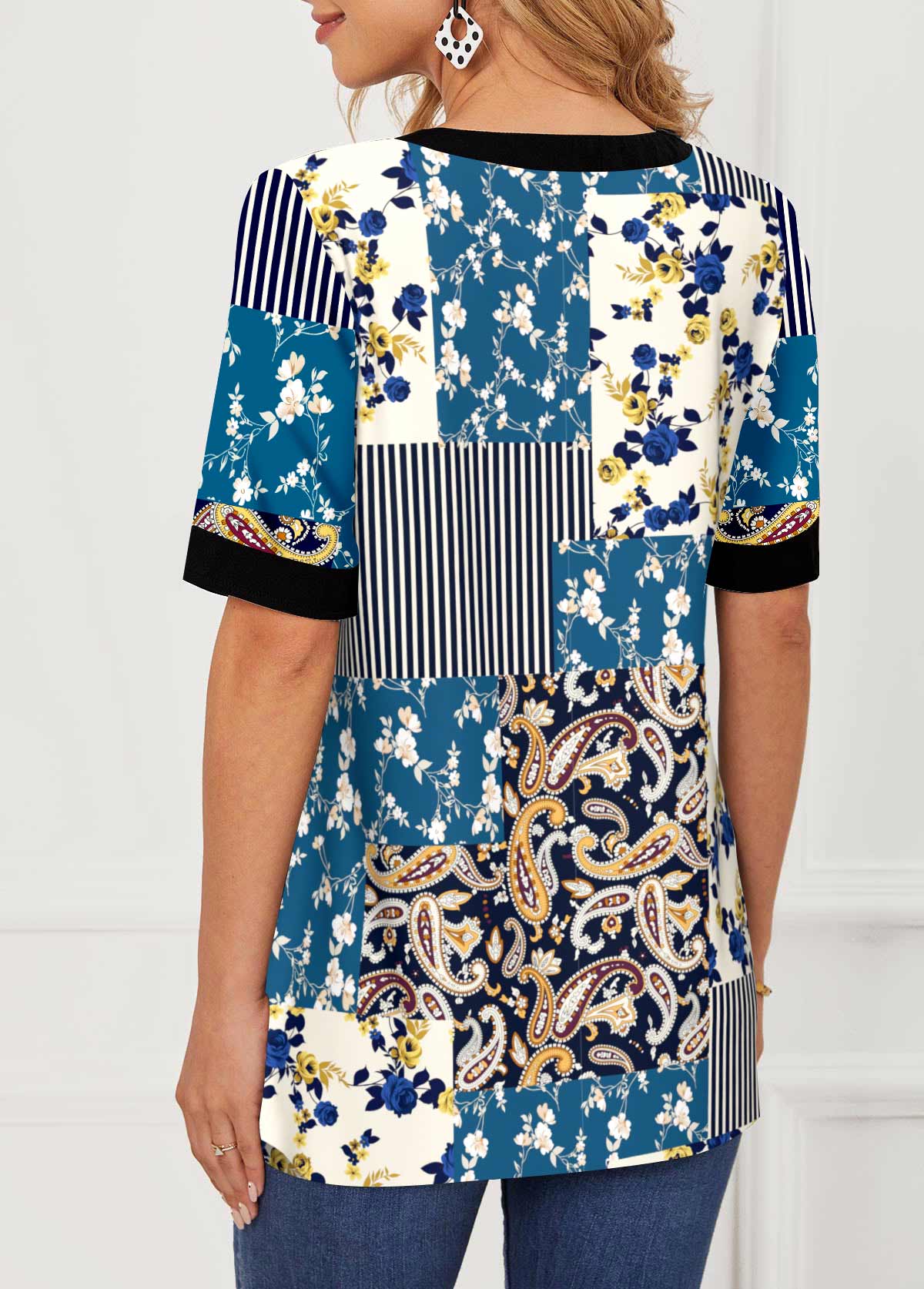 Paisley Print Split Neck Short Sleeve Blouse